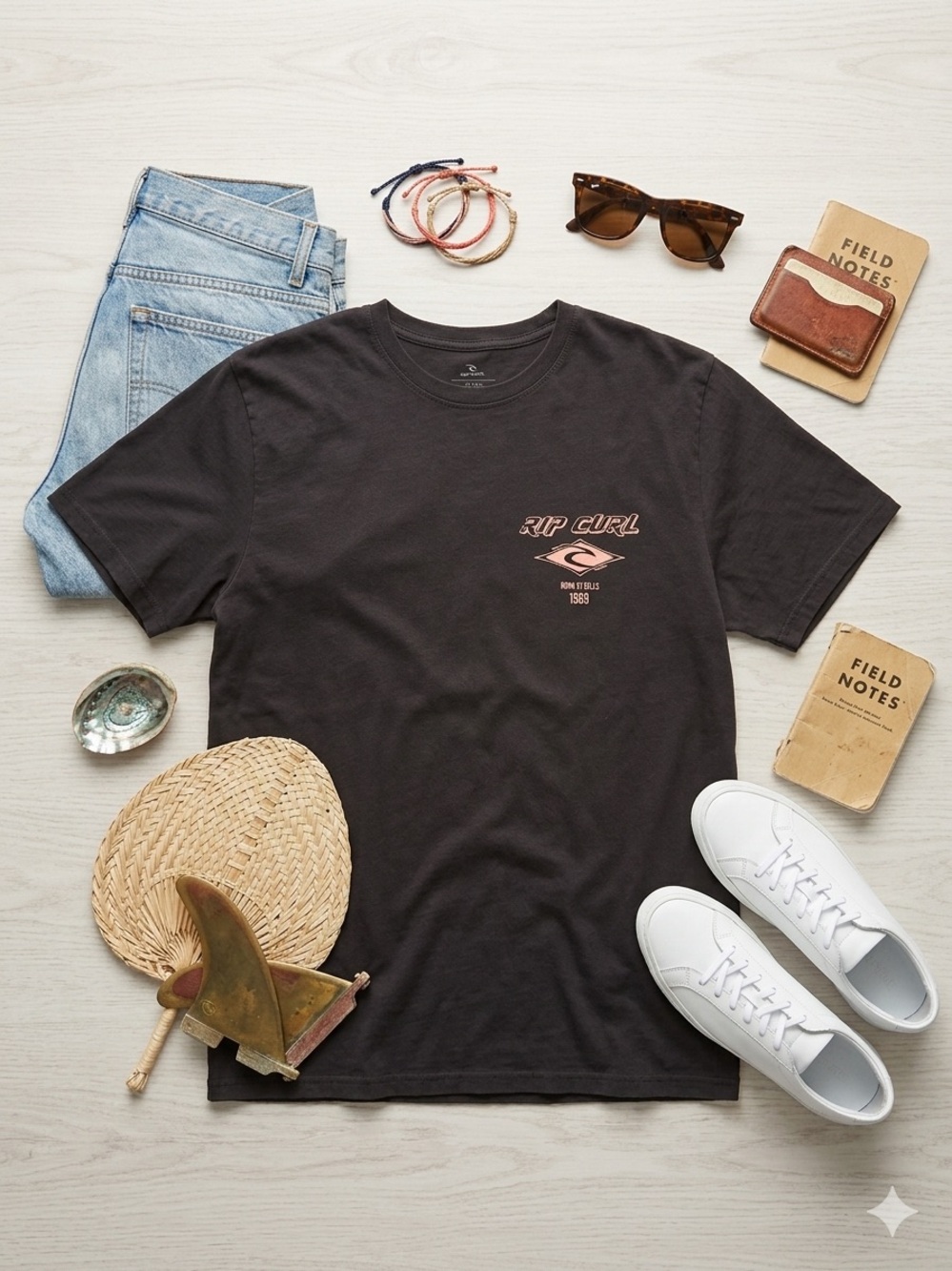 Rip Curl “Born at Bells” Graphic T-Shirt - Black and Salmon - Relaxed Fit - M